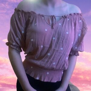 Pink floral off the shoulder crop top